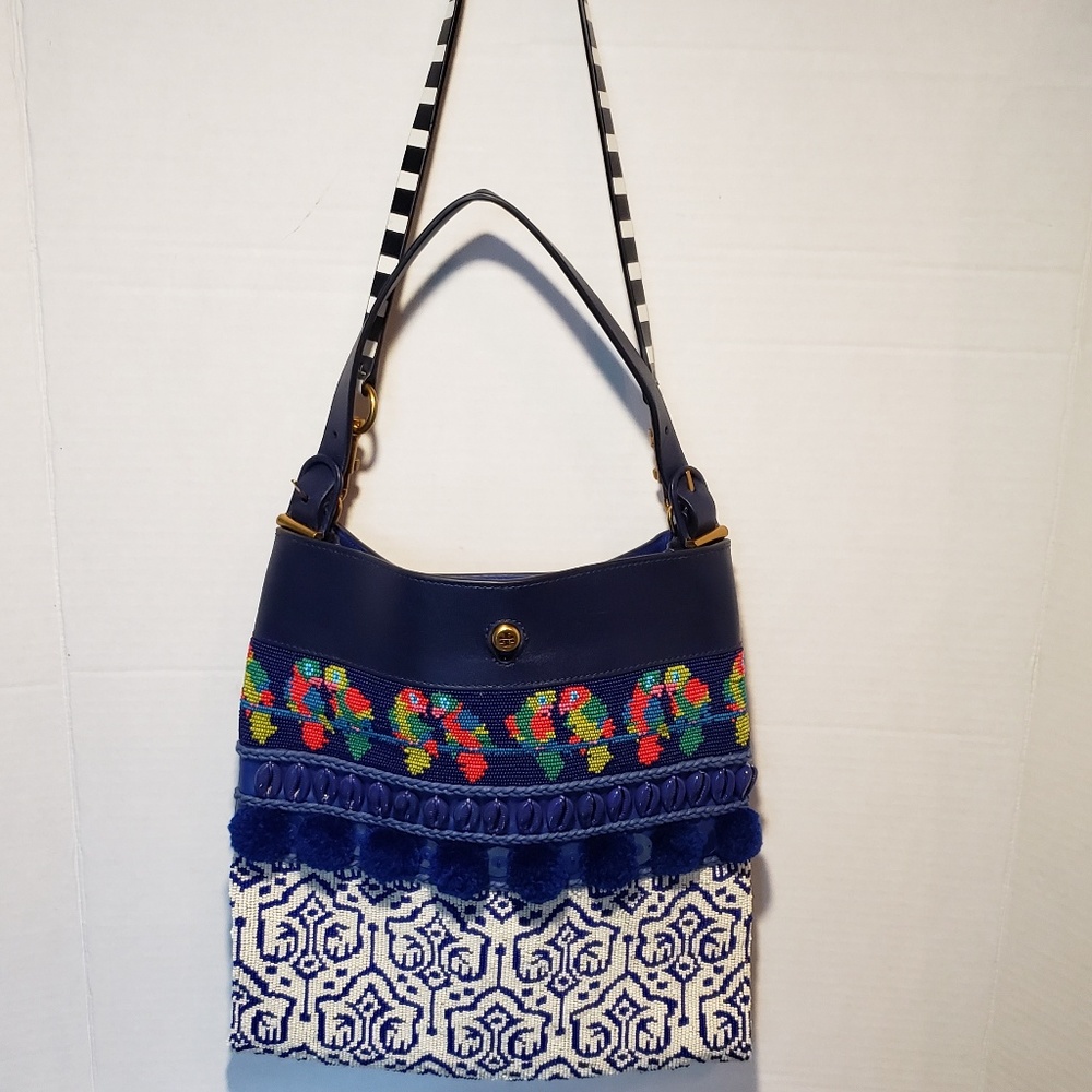 Tory Burch Navy Beaded Trim Parrot Pom Pom Detail
